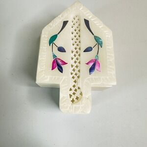 Hand Carved Marble Trinket Box Floral Inlay House Shaped Decor India